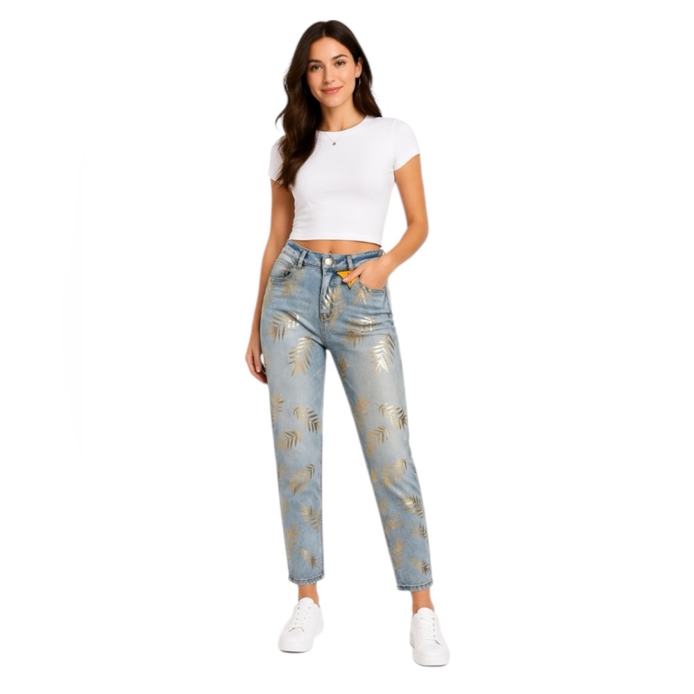 New ARE Gold Foil Palm Leaf Jeans Light Wash Denim 8